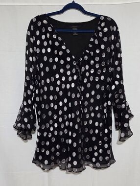 Anne Carson 70% Silk 3XL Black & Silver Polka Dot V-Neck Flare 3/4 Sleeve Top